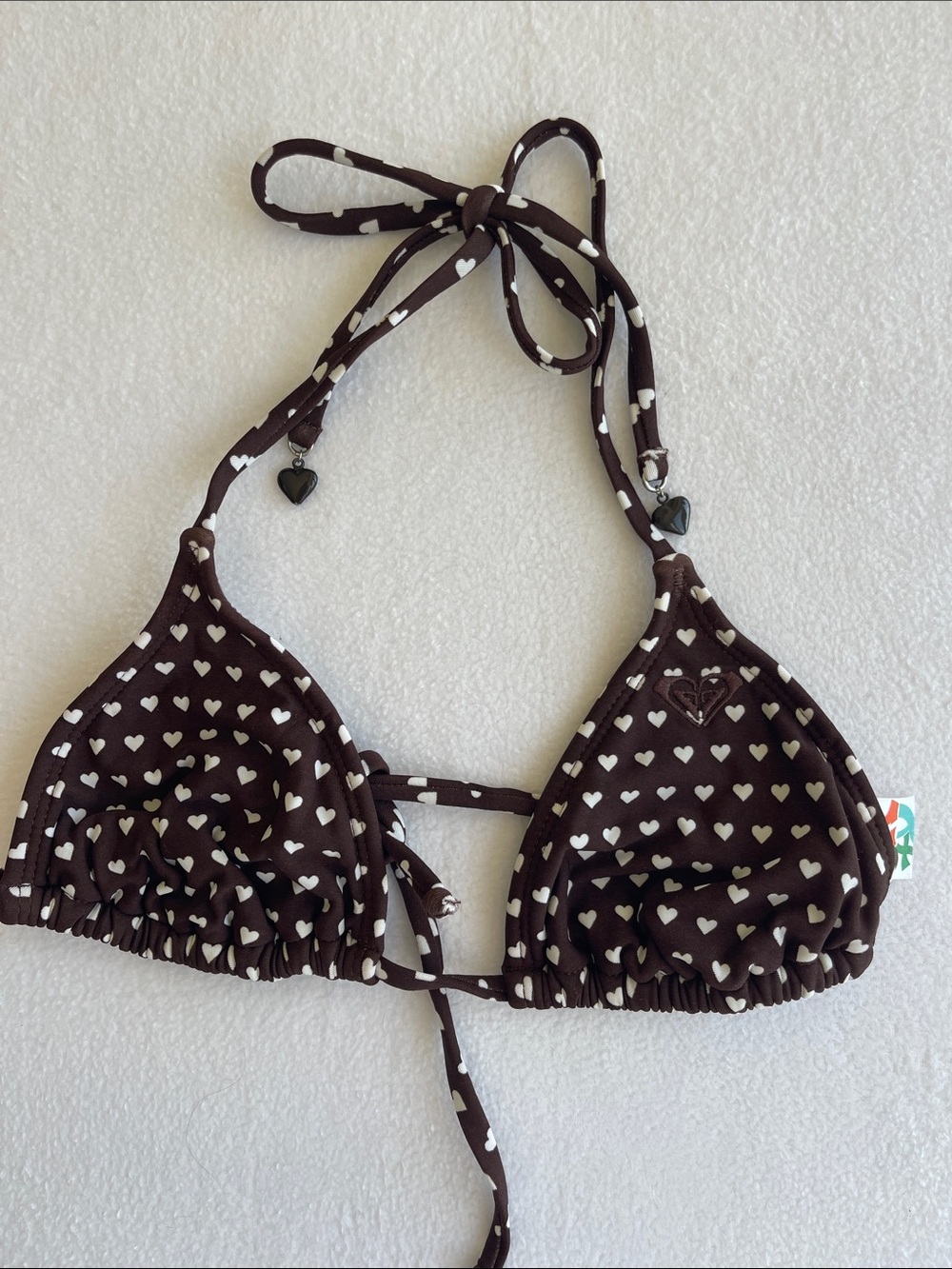 Roxy Brown Heart Print Ruffle Triangle Bikini Top XS Y2K